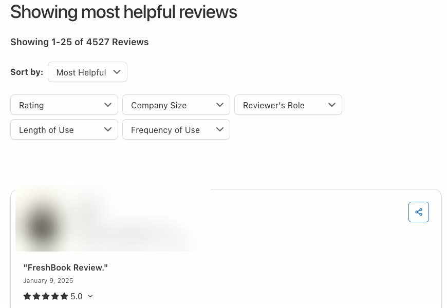 A Capterra product reviews page: a Sort by menu set to Most Helpful, and filter menus for Rating, Company Size, Reviewer’s Role, Length of Use and Frequency of Use, above the first review.