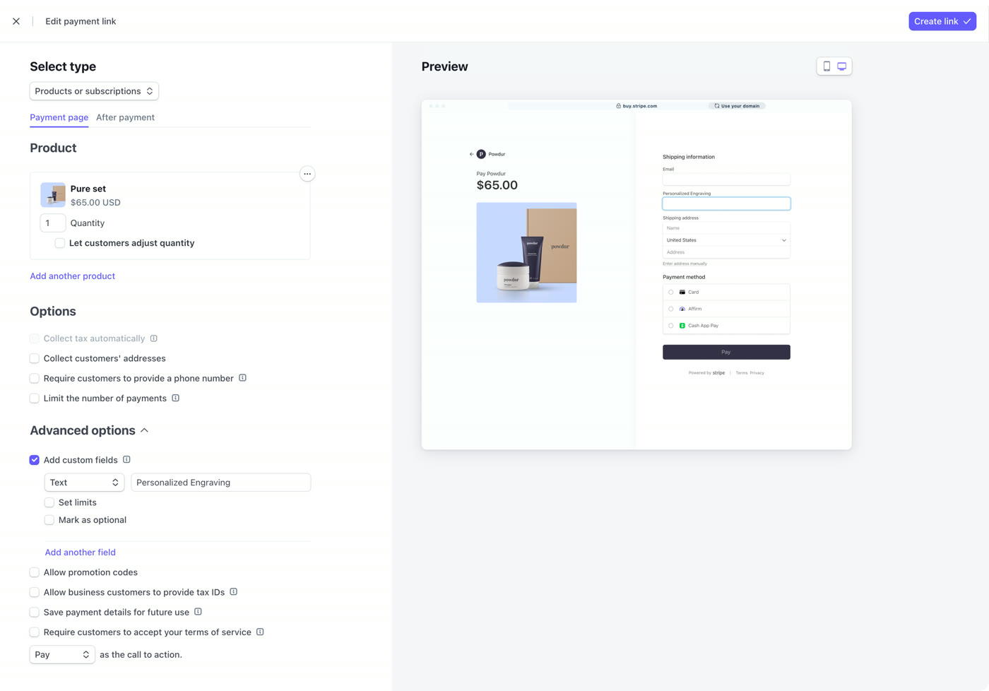 Stripe’s payment link editor: a product and price on the left, options below it, a live checkout preview on the right, and a Create link button.